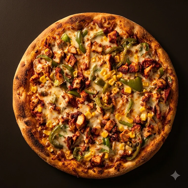 A whole pizza seen from directly overhead, topped with spiced chicken, green peppers and sweetcorn over melted cheese, on a dark background
